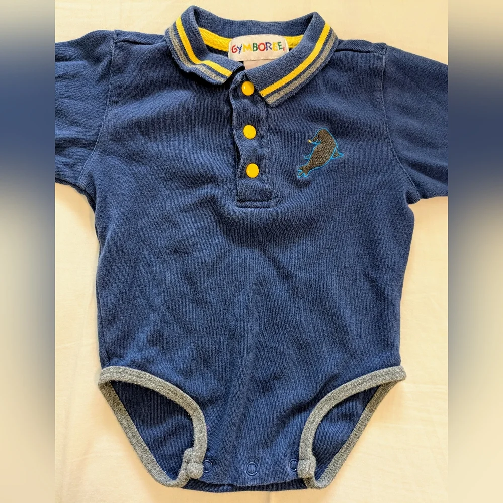 Vintage Gymboree 90s Blue Gray Long Sleeve Bodysuit Seal Embroidery Size Infant